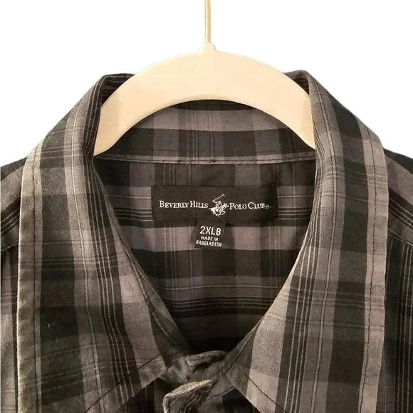 Beverly Hills Polo Club Black and Gray Plaid Button Front Shirt - Picture 3 of 8